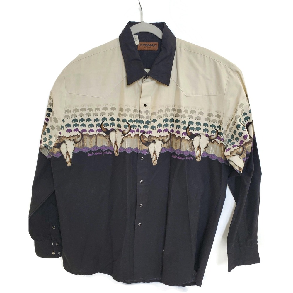 Vintage Pena by Roper Shirt Mens Extra Large Western‎ Buffalo Skull Southwestern